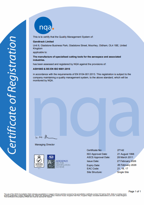 Gandtrack's ISO and AS Accreditation Certificate